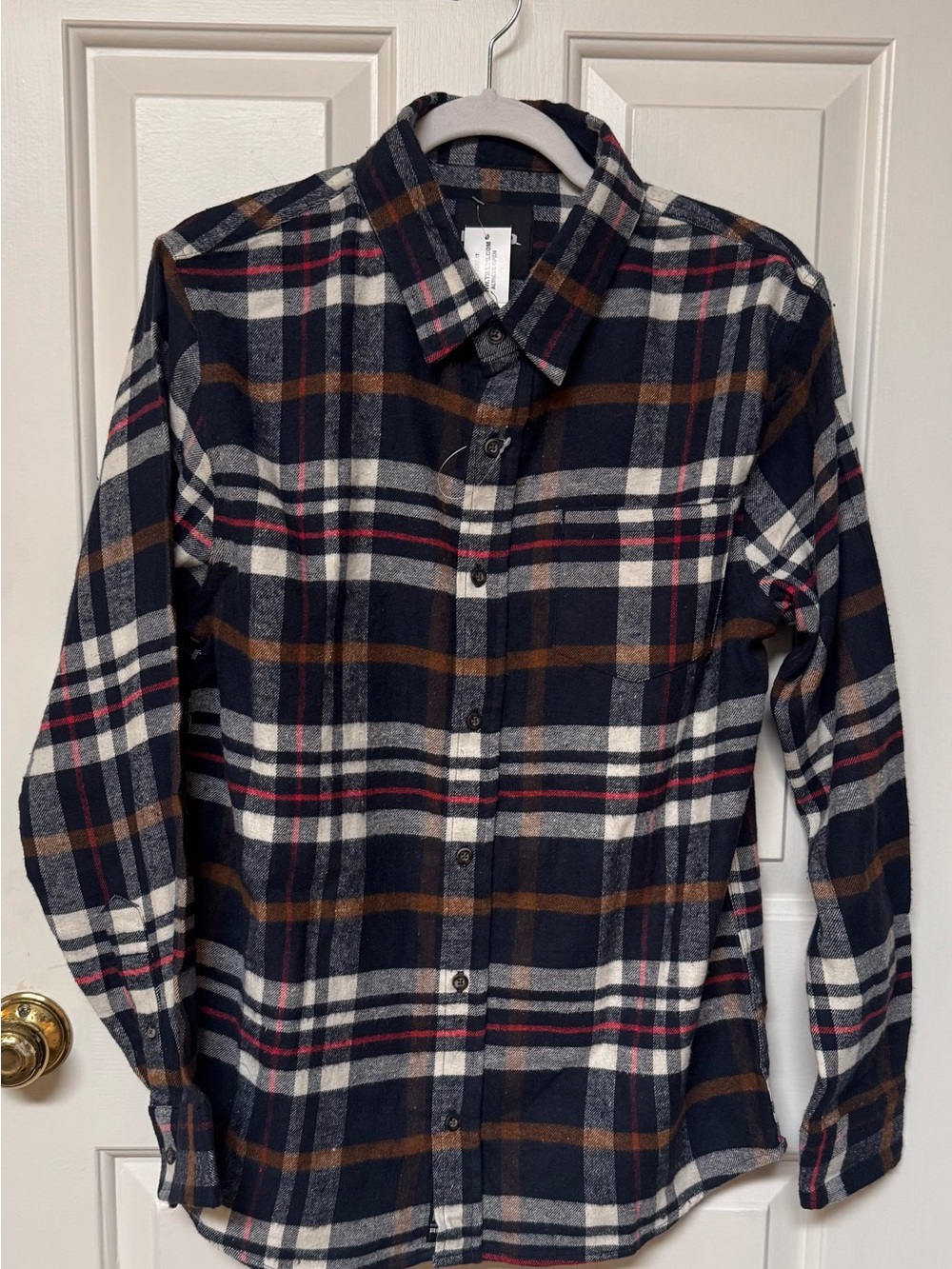 Men's Plaid Button-Down Shirt - Navy, White & Brown